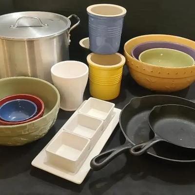 Cast Iron Skillets, Stock Pot & Ceramic Bowls Featuring Pampered Chef