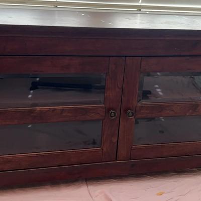 Wooden TV Bench with Glass Paneled Doors