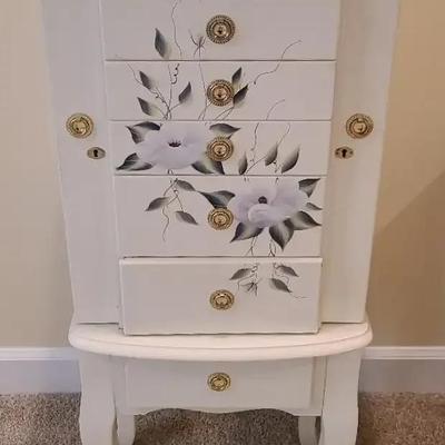 Hand-Painted Floral Jewelry Armoire with Key