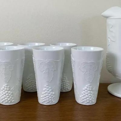 Colony Harvest Pitcher w/Glasses-White Milk Glass