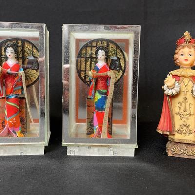 Japanese Geisha Dolls & Infant Jesus of Prague Statue. 