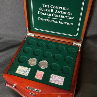 Susan B. Anthony Collection Box, Two Coins, Three Stamps