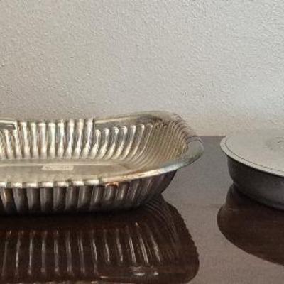 Vintage Rectangular Silverplate Ribbed Design Bowl and Wrought Aluminum Silent Butcher Pan with Lid