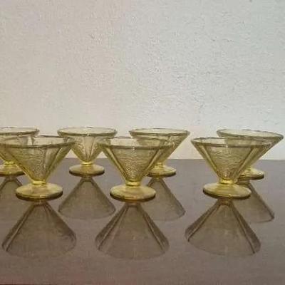 Vintage Federal Glass Masrid Yellow Amber Depression Footed Dessert Dishes Set of 7