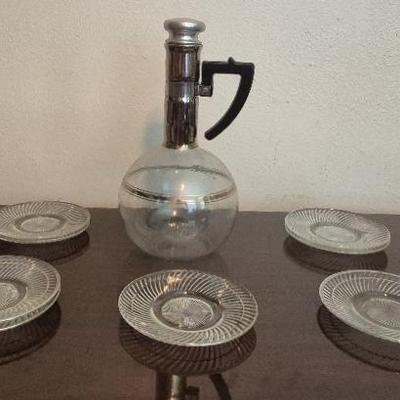 Vintage Inland XXX Hand Blown Clear Glass Heat Froof Carafe and Diana Clear Saucers Set of 8