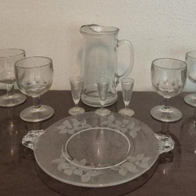 Vintage JG Durand Floral Etched Serving Tray Glass Goblets  Set of 4 and More 