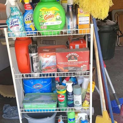 Metal Shelf, Assorted Cleaning Supplies, Mops, Broom, & More