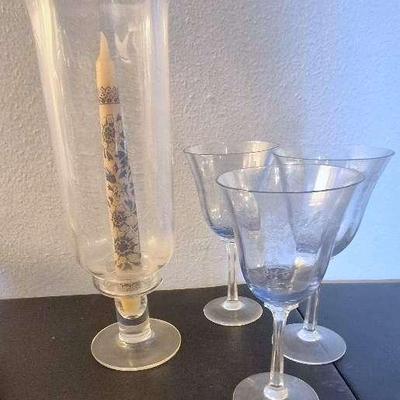 Set of 3 Vintage Tulip Shaped Glass Stemware and Large Vase With Delft Blue Candle