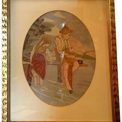 Vintage Framed Needlepoint/Embroidery Artwork Of Children Fishing  