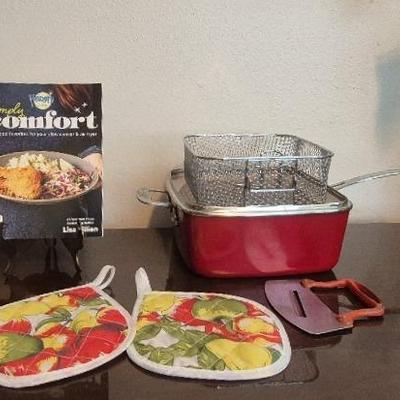 Red Copper Square  Deep Fryer with Glass Lid and Rack & More 
