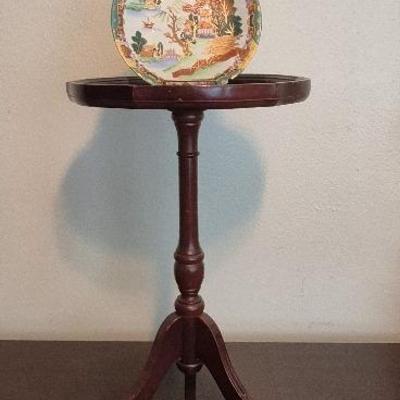 Vintage Mahogany Pie Crust Tilt-Top Tea Table and Vintage Japan Handpainted Porcelain Plate