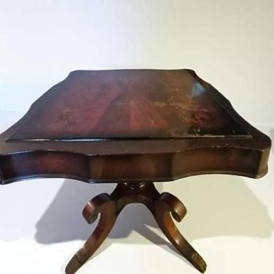 Vintage Mahogany & Walnut Center Table With Scallopped Corners On Pedastal Base