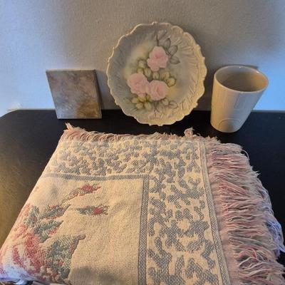 Vintage Pastel Blue Plate With Pink Flowers. Shaved Single Woven Faux Cross Stitch Sham & More