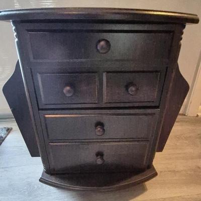 Rotating End Table With Magazine Rack And Drawers 