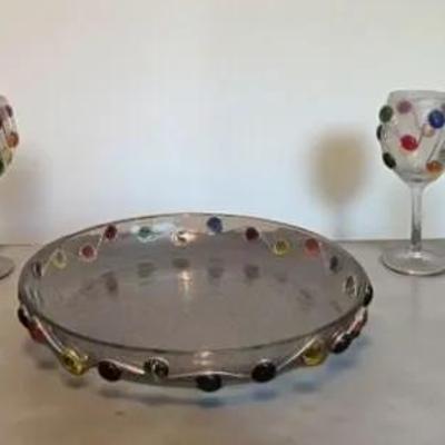Wine Glasses with Colorful Art Bubbles Set of 4 with Matching Serving Tray 
