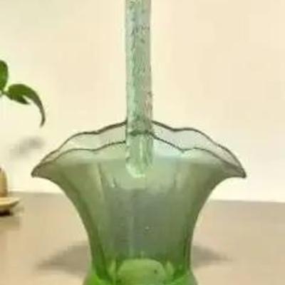 Vintage Green Vaseline Depression Glass Basket 8"