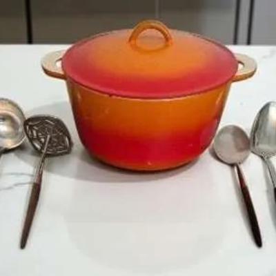 Vintage Descoware Flame Orange Enamel Dutch Oven and Utensils 