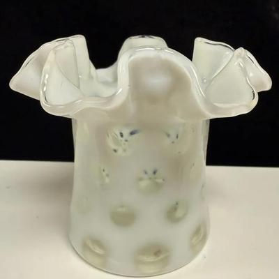 vintage Fenton White Opalescent Coin Dot Ruffled Vase