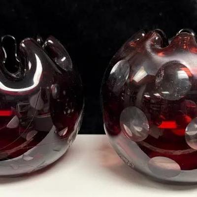 vintage hand-blown ruby red cut-to-clear art glass rose bowl with a coin dot pattern