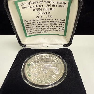 1-OZ.JOHN DEERE MODEL B TRACTOR .999 PROOF EDT SILVER COIN+GOLD