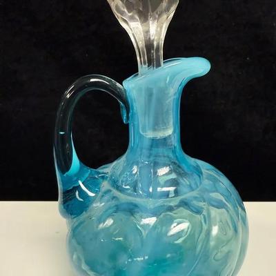 Fenton Blue Opalescent Daisy & Fern Cruet with a stopper