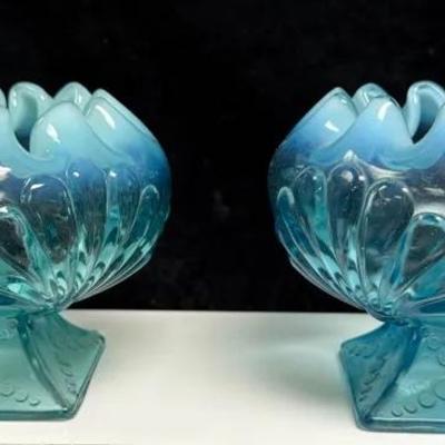 Vintage Jefferson Glass Blue Opalescent Fan Shell and Dot Rosebowl