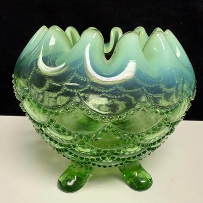 Antique EAPG Jefferson Glass Company Green Opalescent Breaded Four-Footed Rose Bowl Vase
