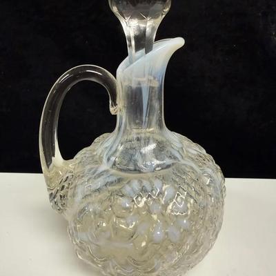 antique Northwood White Opalescent Glass Cruet, likely in the "Daisy & Fern" or "Fern" pattern