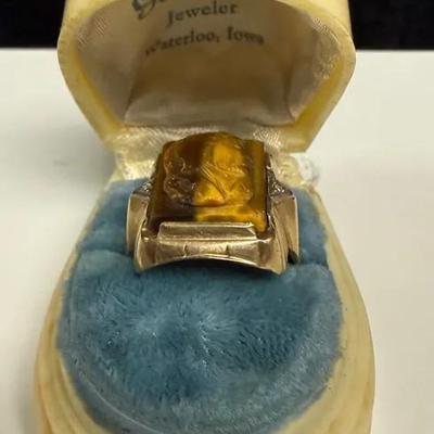 Men's Antique Craved Tiger's Eye Soldier Ring 10K Yellow Gold