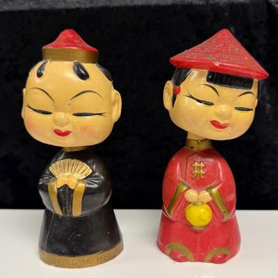 Two Vintage Japanese Kokeshi Dolls Papier-mâché Bobble Heads, Made in Japan Pair