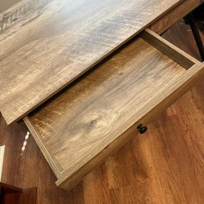 Sale Photo Thumbnail #43: $75 Contemporary desk, driftwood finish with metal frame, two drawers; 30 inches high by 43 1/4 inches wide by 20 1/2 inches deep.