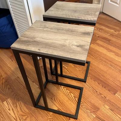 Sale Photo Thumbnail #47: $60 Pair of contemporary metal and laminate side tables; 26” high x 12” wide x 15” deep. 