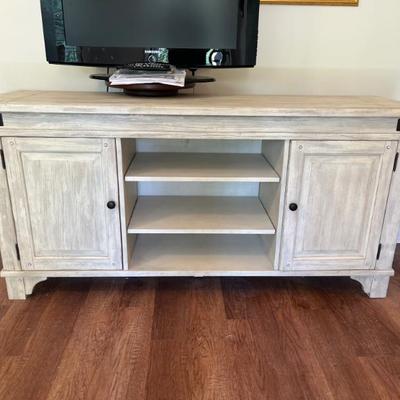 Sale Photo Thumbnail #13: $150 Modern driftwood-colored console media cabinet; 32.25” high x 66” wide x 19” deep 