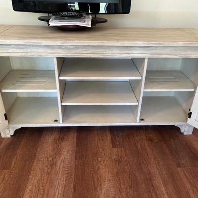 Sale Photo Thumbnail #15: $150 Modern driftwood-colored console media cabinet; 32.25” high x 66” wide x 19” deep 
