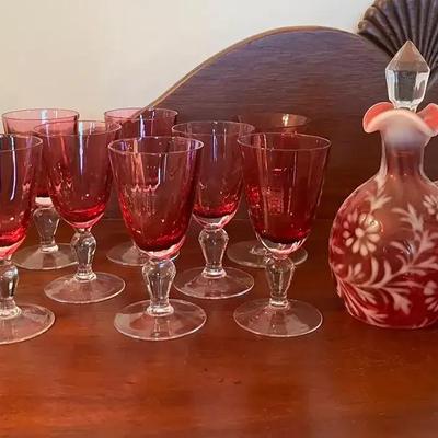 Vintage Fenton Cranberry Opalescent Daisy & Fern Cruet, Mary Gregory Style Cruet & Cranberry Glasses