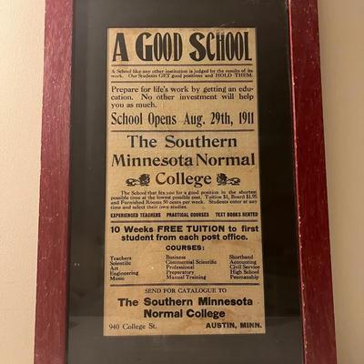 The Southern Minnesota Normal College Framed Ad from 1911