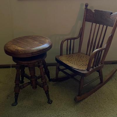 Vintage Oak Clawfoot Piano Stool & Kids Rocking Chair 