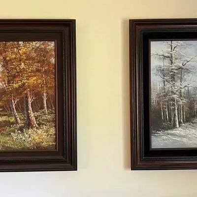 Vintage Autumn Landscape & Winter Landscape Oil Paintings 