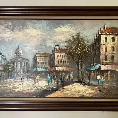 Original Vintage Canvas Oil Painting of a Parisian Street Scene