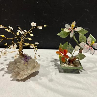 Jade Bonsai Flower Tree And Quartz Gem Tree With Purple Quartz Crytal Base