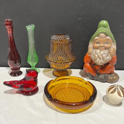 Vintage Amber Fairy Lamp & Ashtray + Garden Gnome + More