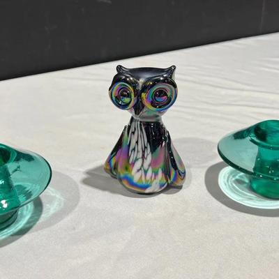 Pele’s Opelescent Glass Owl Figurine + MCM Counterpoint Mushroom Paperweights