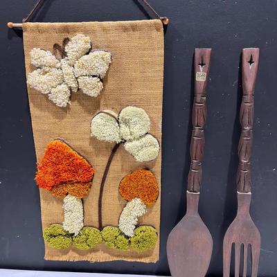 Retro Burlap Mushroom Wall Hanging + Tiki Wood Fork And Spoon