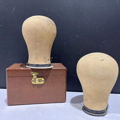 Vintage Milliners Canvas Head Form Pair Plus Travel Case