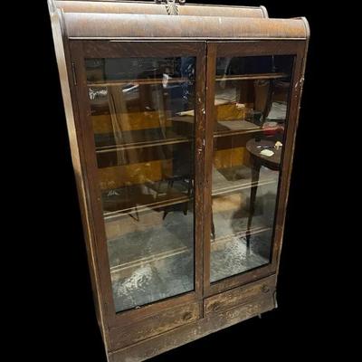 Antique Vintage Double Glass Door Bookcase Cabinet