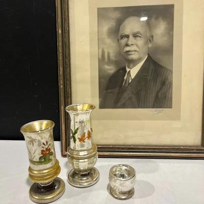 Victorian 19th Century Silvered Mercury Glass Handpainted Vases + Portrait 