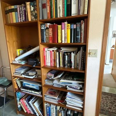 Teak bookshelf & variety of books