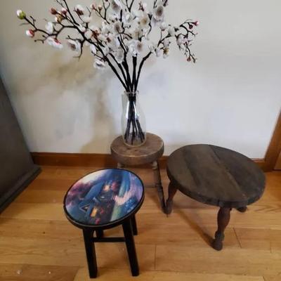 (3) Small Decorative Stools and Flowers