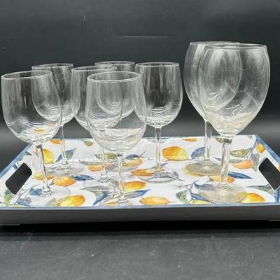 Lemons Kitchen Tray and Wine Glasses