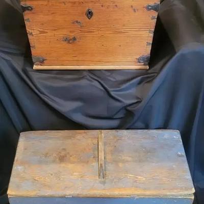 Pair of Antique Wooden Storage Chests – Iron-Mounted Chest & Blue Painted Divided Box
